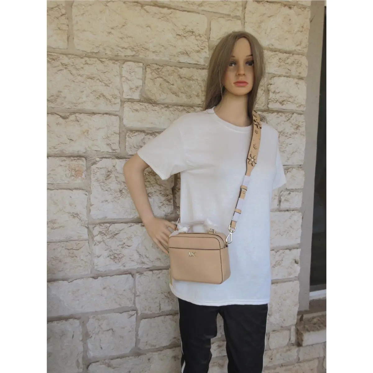 Mini Guitar Strap Leather Crossbody Studded or Floral Applique Beige (Butter nut) gold Studded, Applique Flowers by Michael Kors