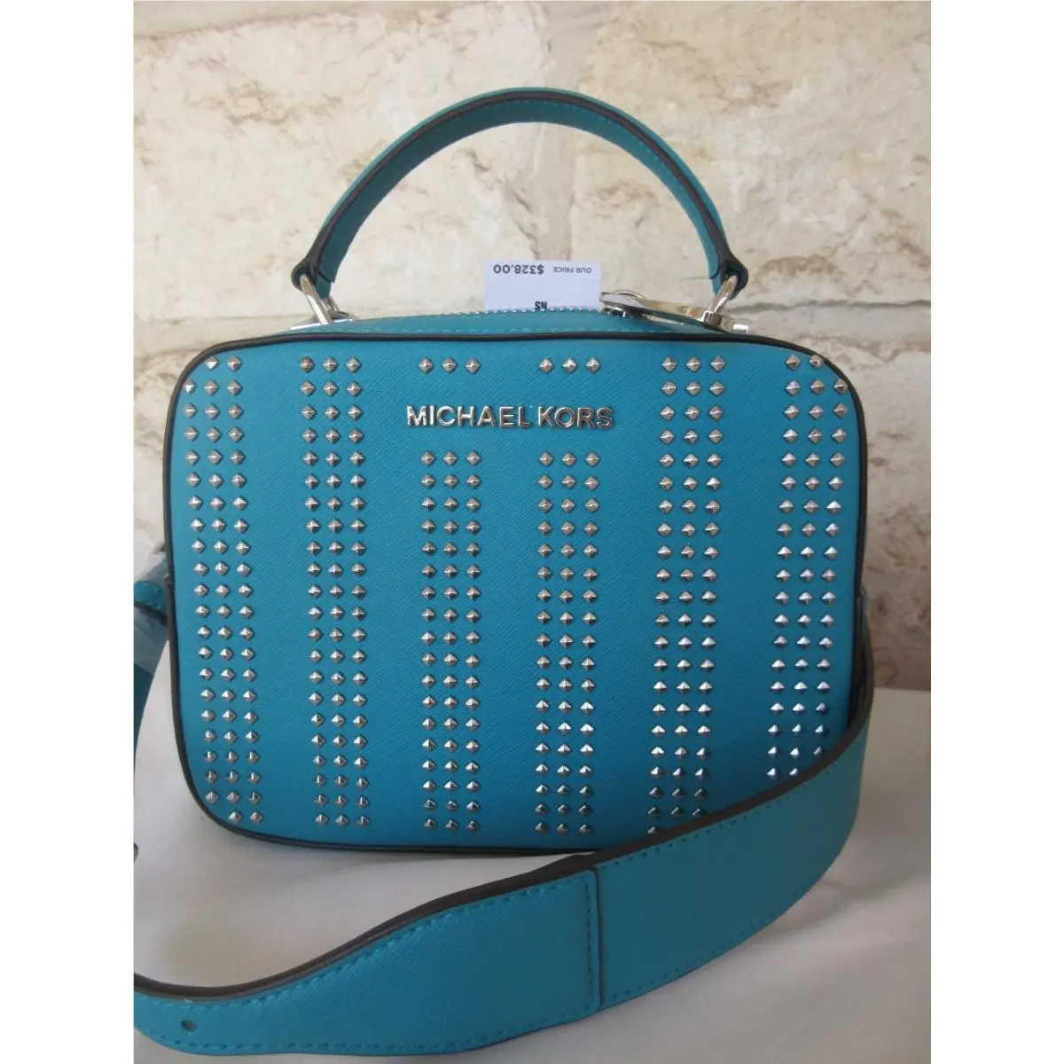Mini Guitar Strap Leather Crossbody Studded or Floral Applique Bright Blue Tile Blue Silver Studs guitar strap by Michael Kors