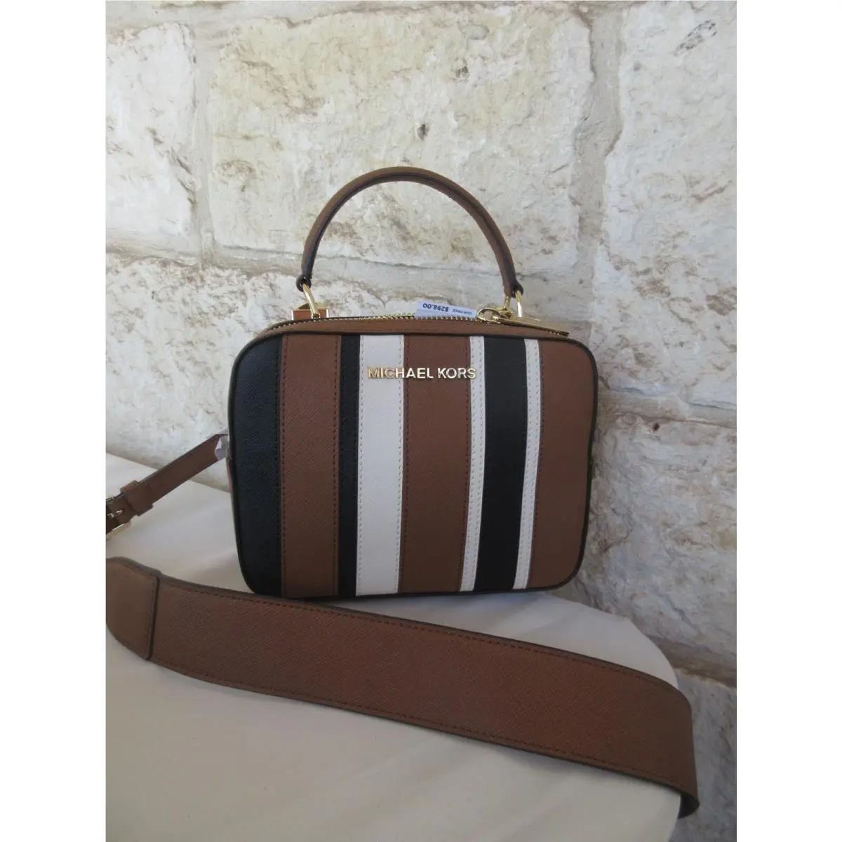 Mini Guitar Strap Leather Crossbody Studded or Floral Applique Luggage multi Striped gold hardware guitar strap by Michael Kors