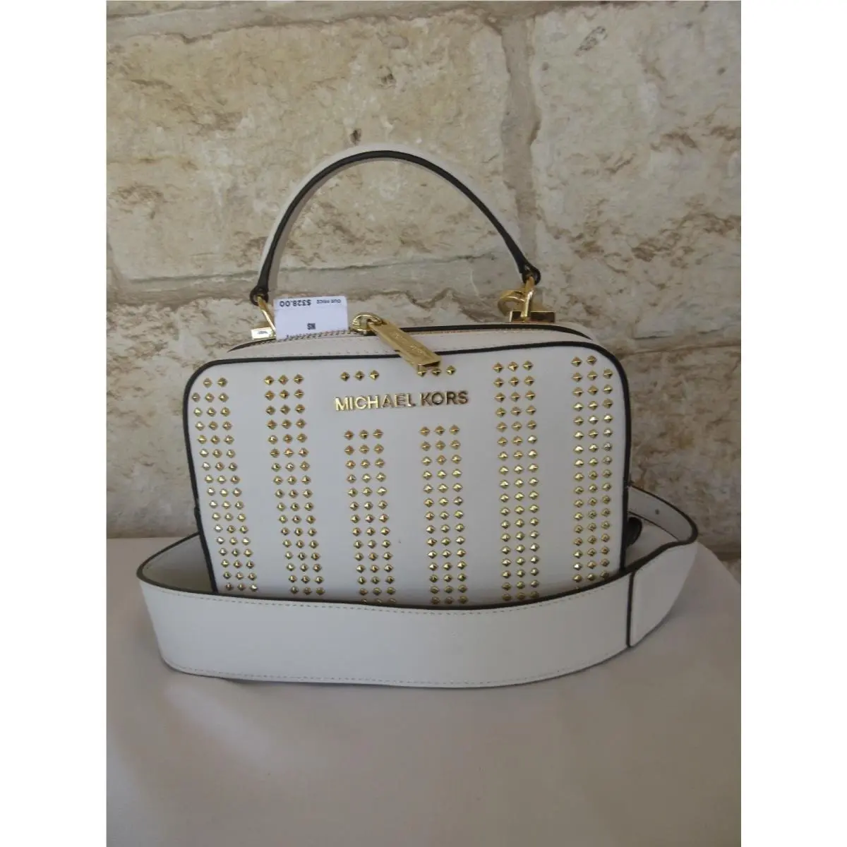 Mini Guitar Strap Leather Crossbody Studded or Floral Applique Optic White with Gold Studs guitar strap by Michael Kors