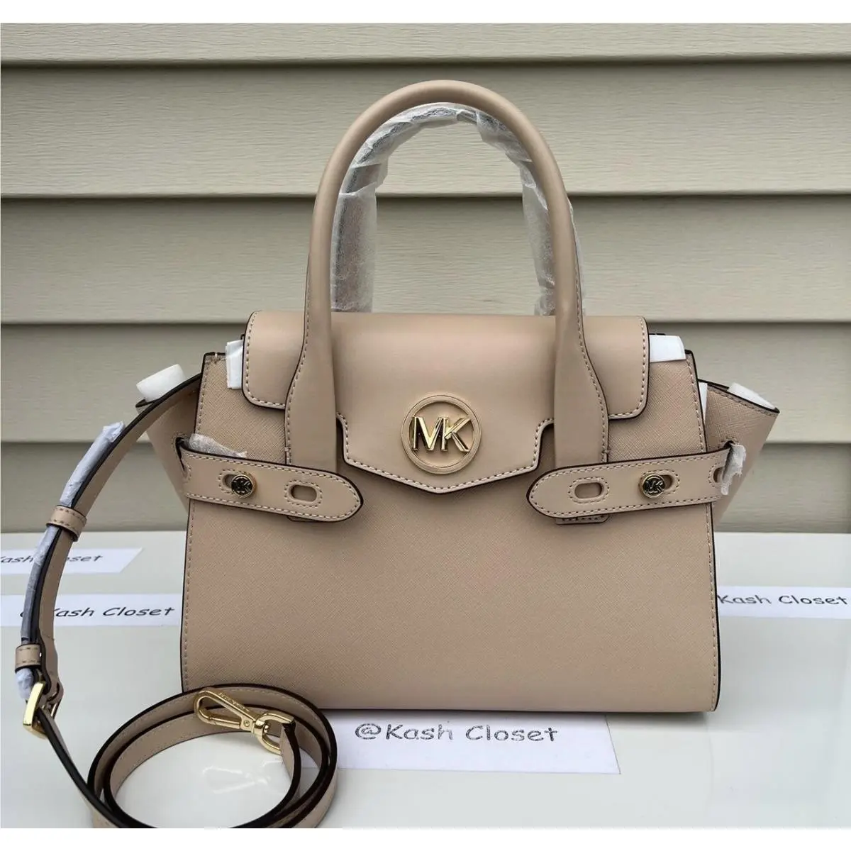 Satchel Bag Carmen Medium Flap Satchel Purse Buff by Michael Kors