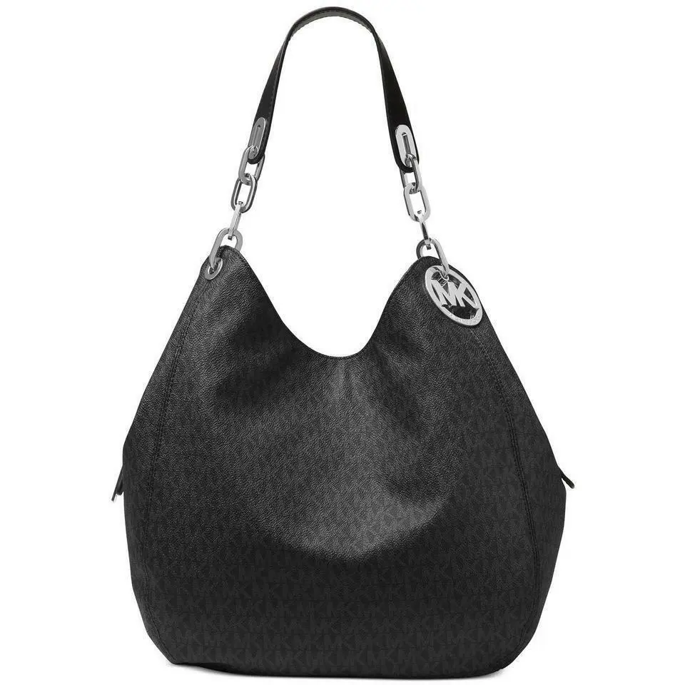 Michael Kors Fulton Black Logo Silver Chain Large Shoulder Tote Bag