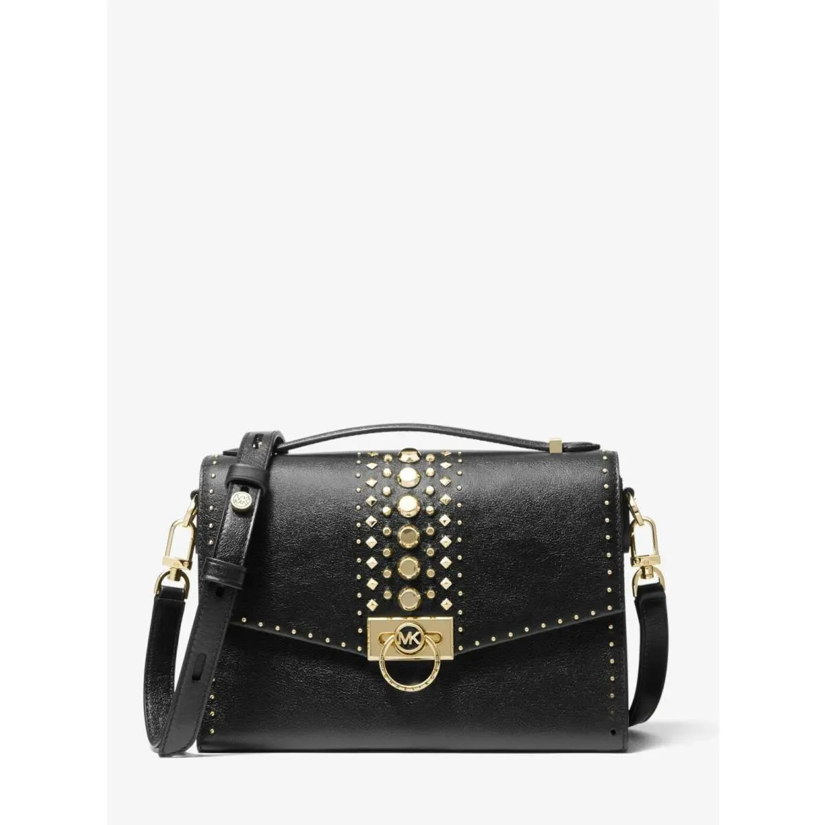 Hendrix Messenger Medium Studded Leather Black or Light Cream Black Studded Leather flap Messenger bag New by Michael Kors
