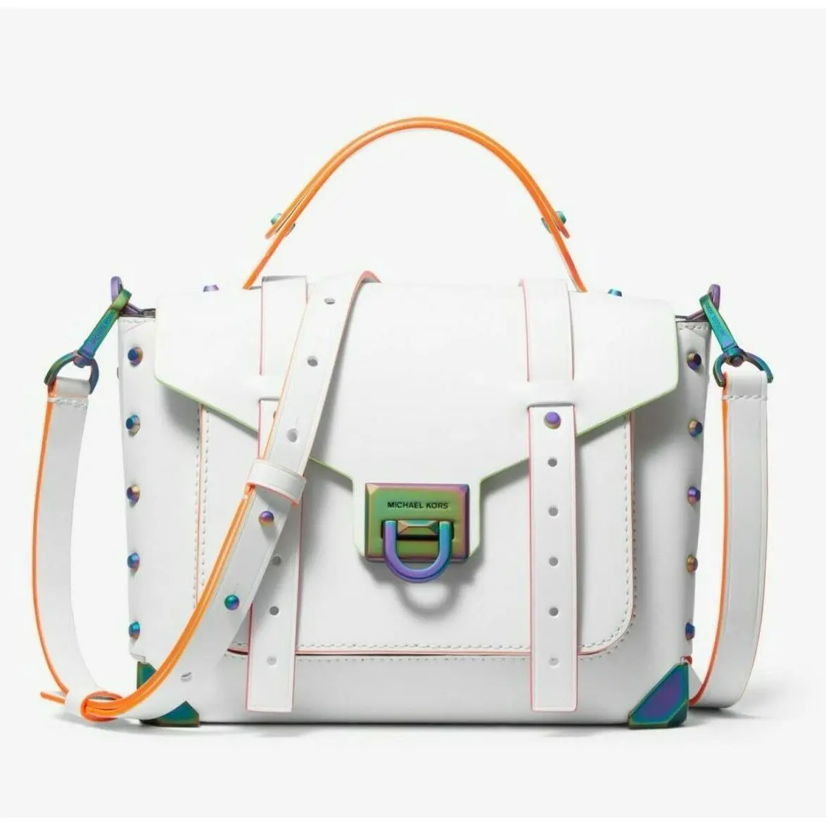 Michael Kors Manhattan Medium Top Handle Satchel White Neon Contrast Trim Studs