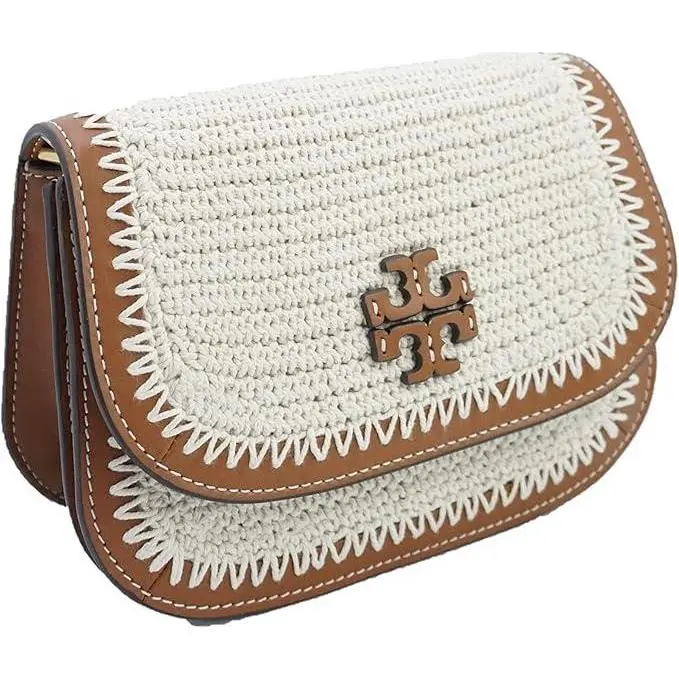 Tory Burch 136145-104 Ivory Gold Hardware Women`s Britten Crochet Saddle Bag - Exterior: New Ivory