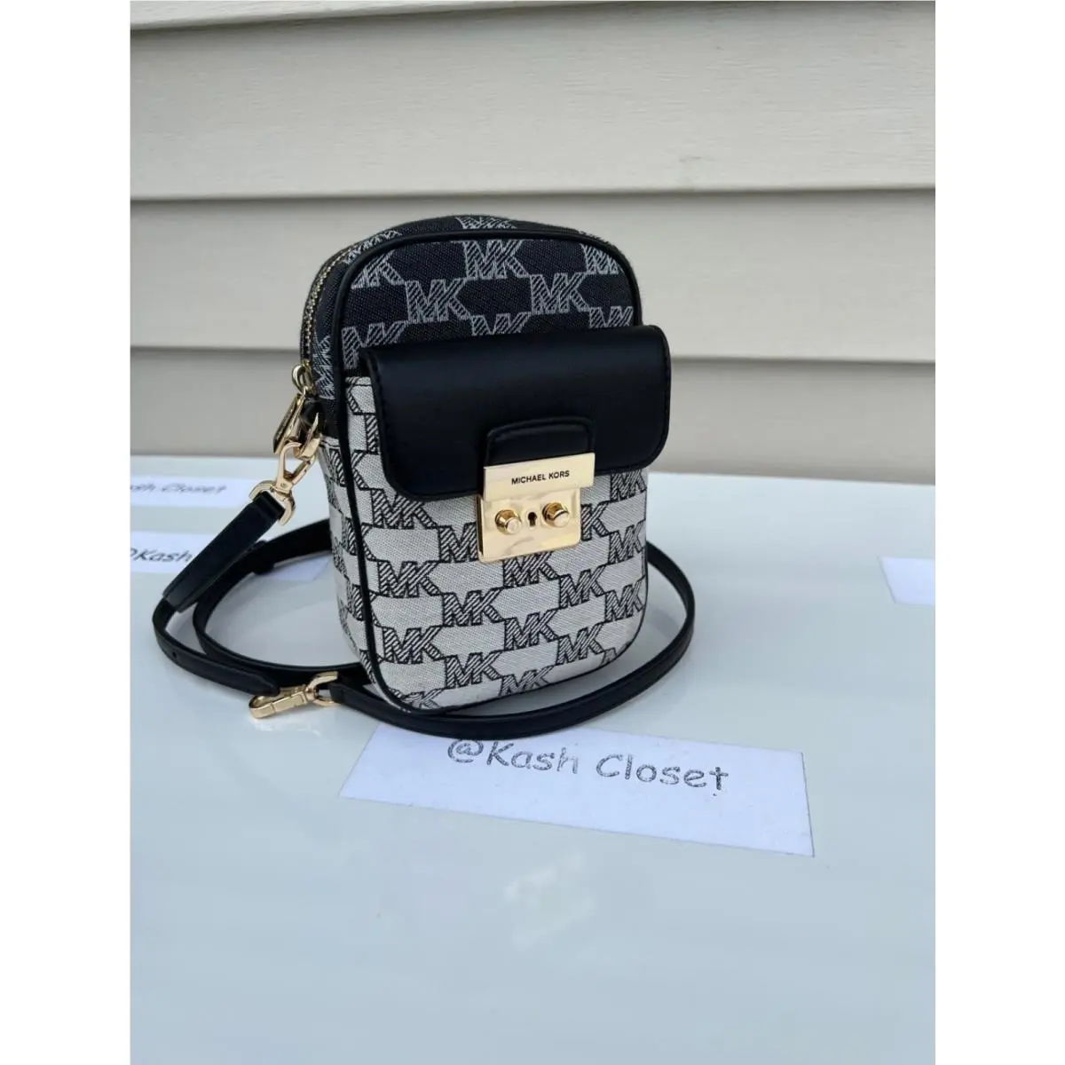 Michael Kors Phone Crossbody Sloan Small Top Zip Front Pocket Logo Jacquard Bag