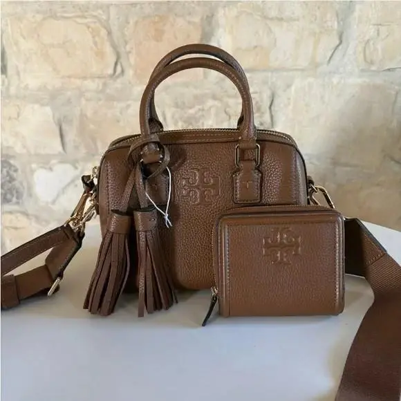 Tory Burch Thea Web Mini Satchel + Bi Fold Wallet Set Pebbled Leather Moose