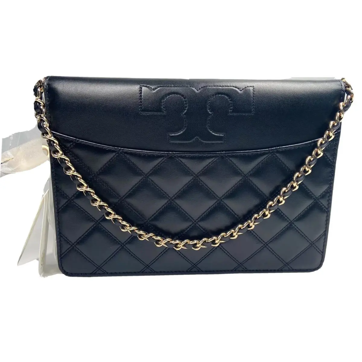 Savannah Large Quilted Smooth Flat Clutch Bag Color Black Leather by Tory Burch