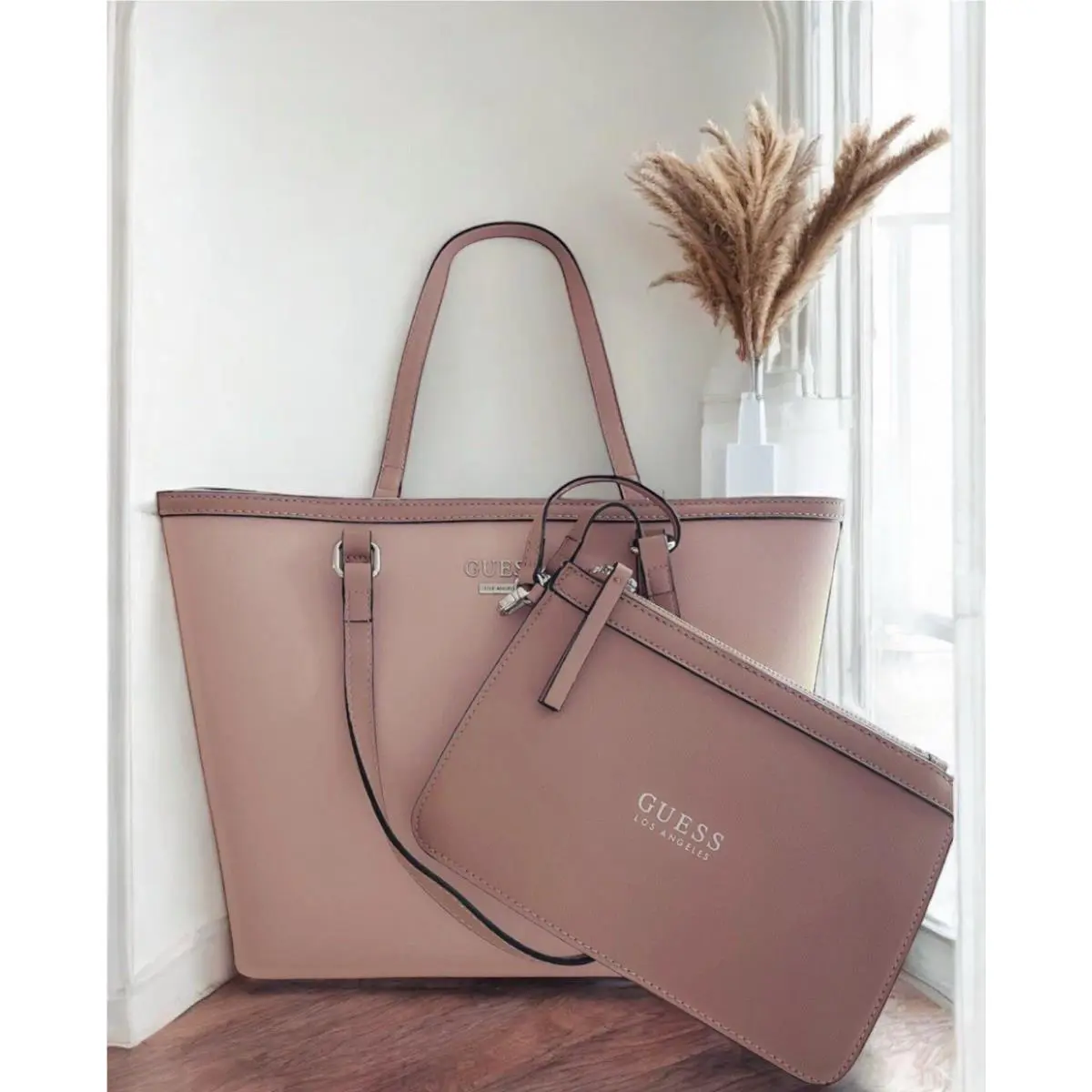 Guess Women`s Kelani Tote Carryal Multi Wristlet Wallet Pink Multi