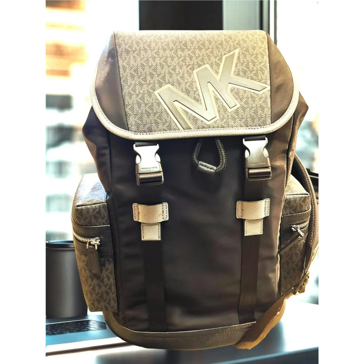 Michael Kors Cooper Men Signature Logo and Nylon Pocket Travel Backpack Gunmetal