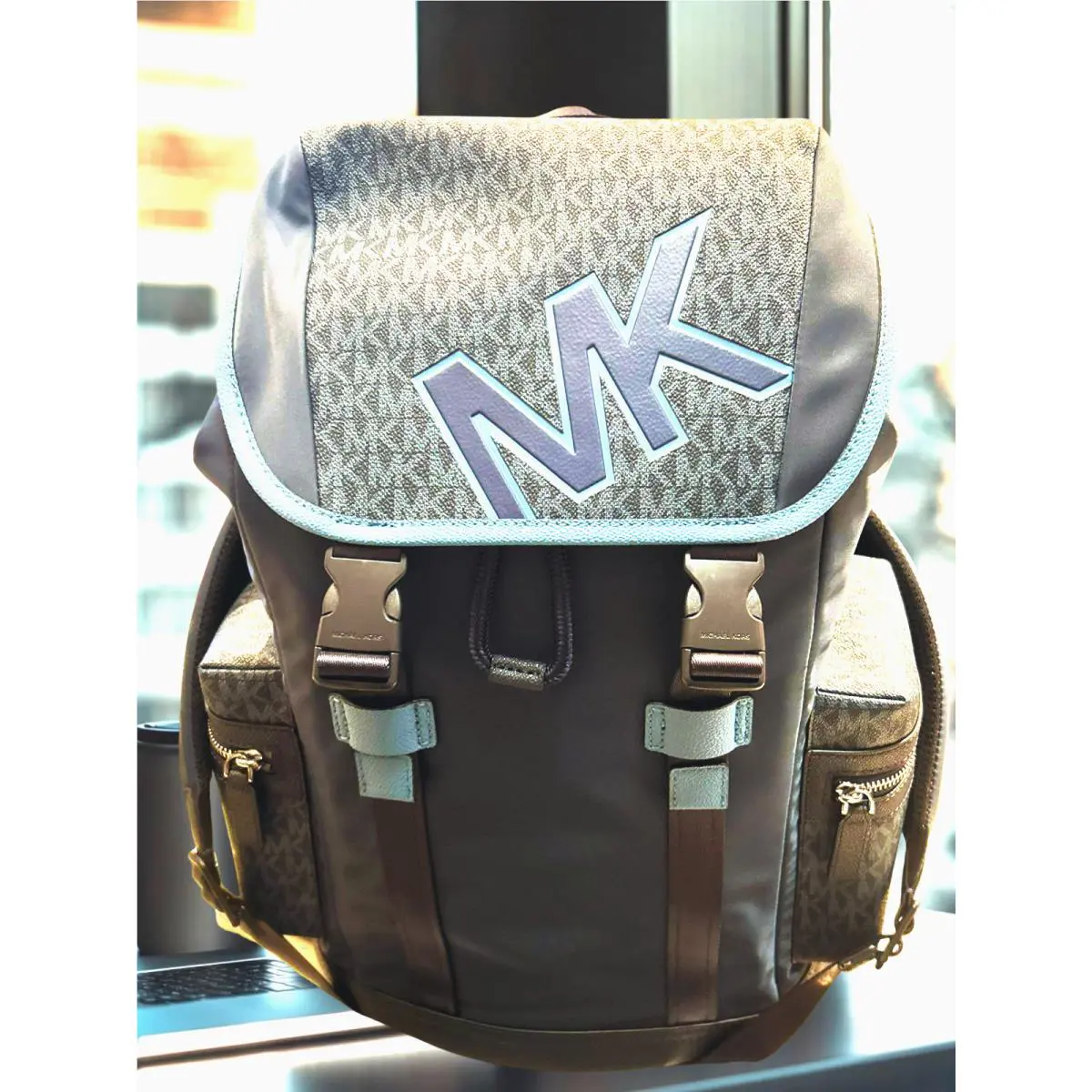 Michael Kors Cooper Men Signature Logo and Nylon Pocket Travel Backpack Gunmetal
