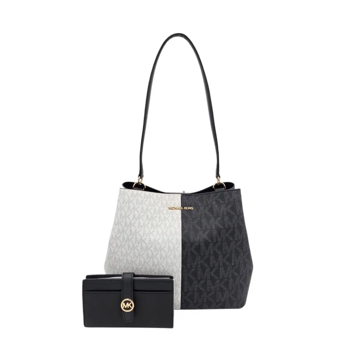 Michael Kors Pratt Medium Black White Signature Bag Greenwich Wallet Set