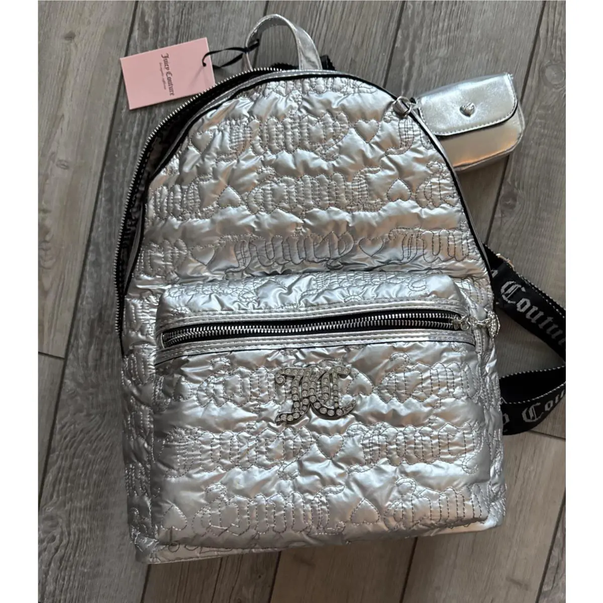 Juicy Couture Silver Quilted Backpack Pink League Logo Heart Charm Bling Pouch