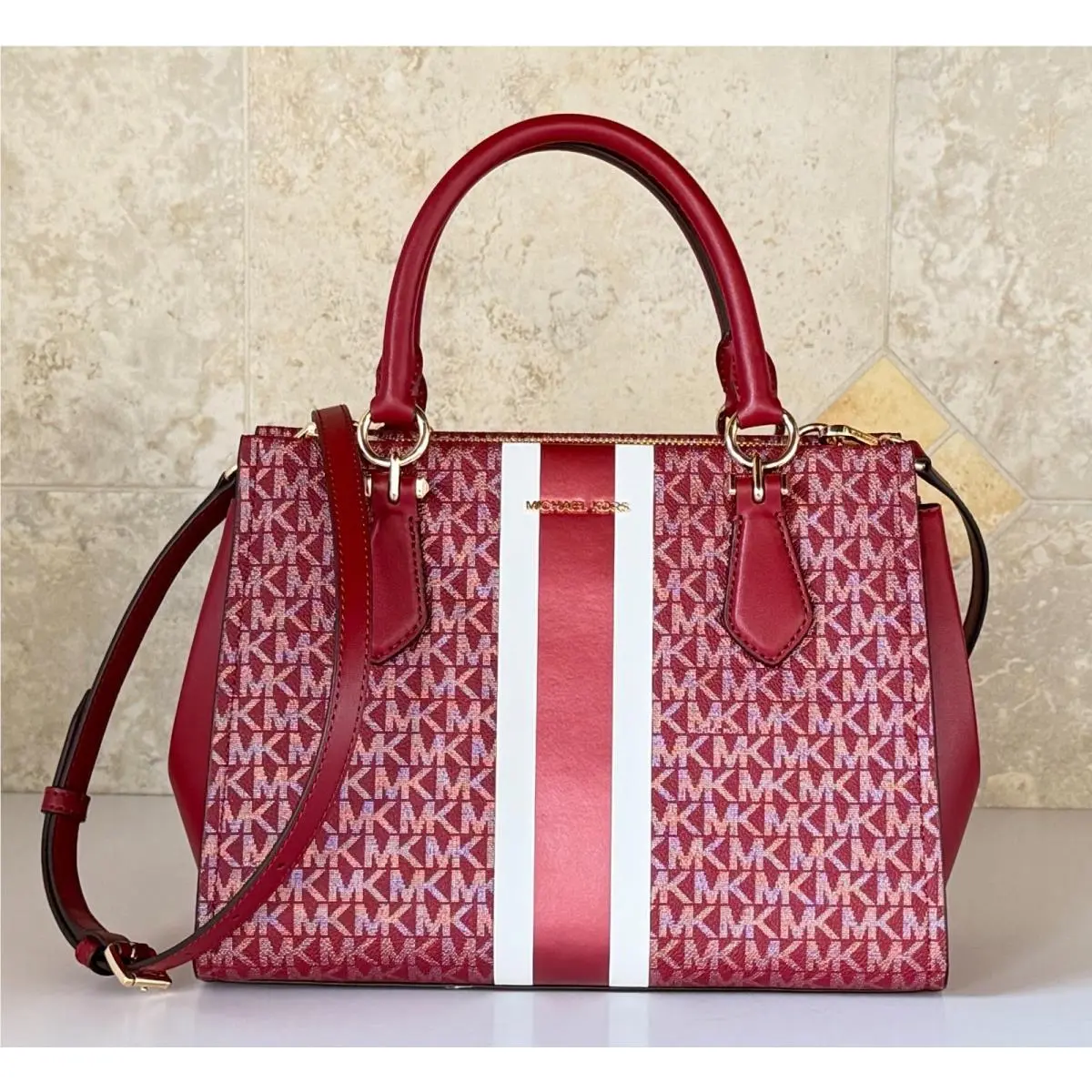 Michael Kors Marilyn Medium Satchel Shoulder Bag Center Stripe MK Cherry