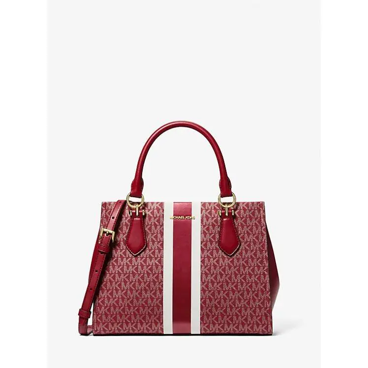 Michael Kors Marilyn Medium Satchel Shoulder Bag Center Stripe MK Cherry
