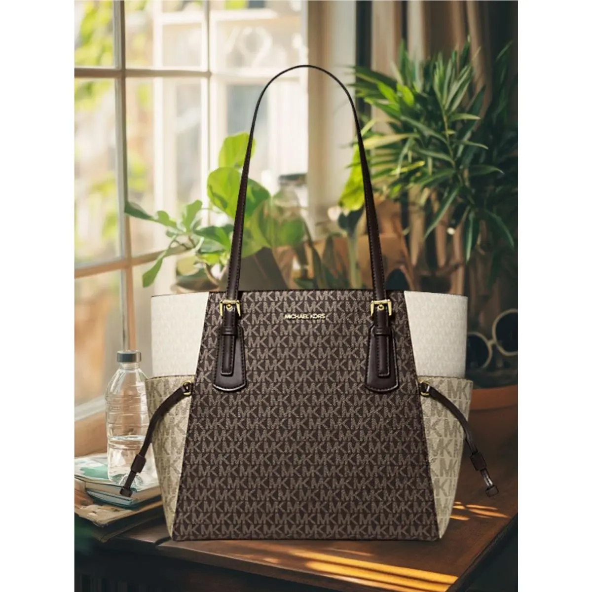 Voyager Large Metallic Color-block MK Logo Tote Shoulder Bag Brown by Michael Kors