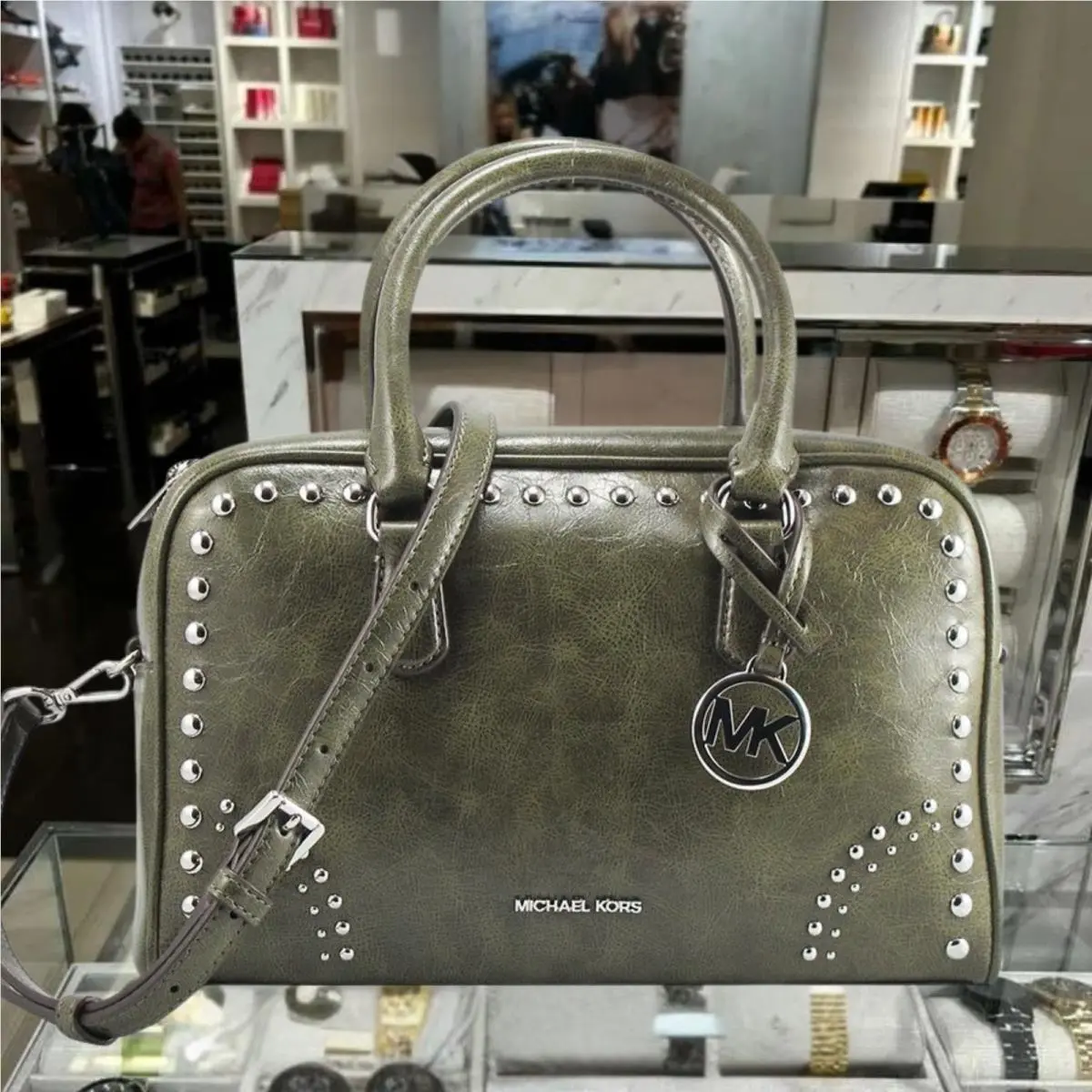 Thompson Women Medium Distressed Studded Duffle Satchel Bag Olive by Michael Kors