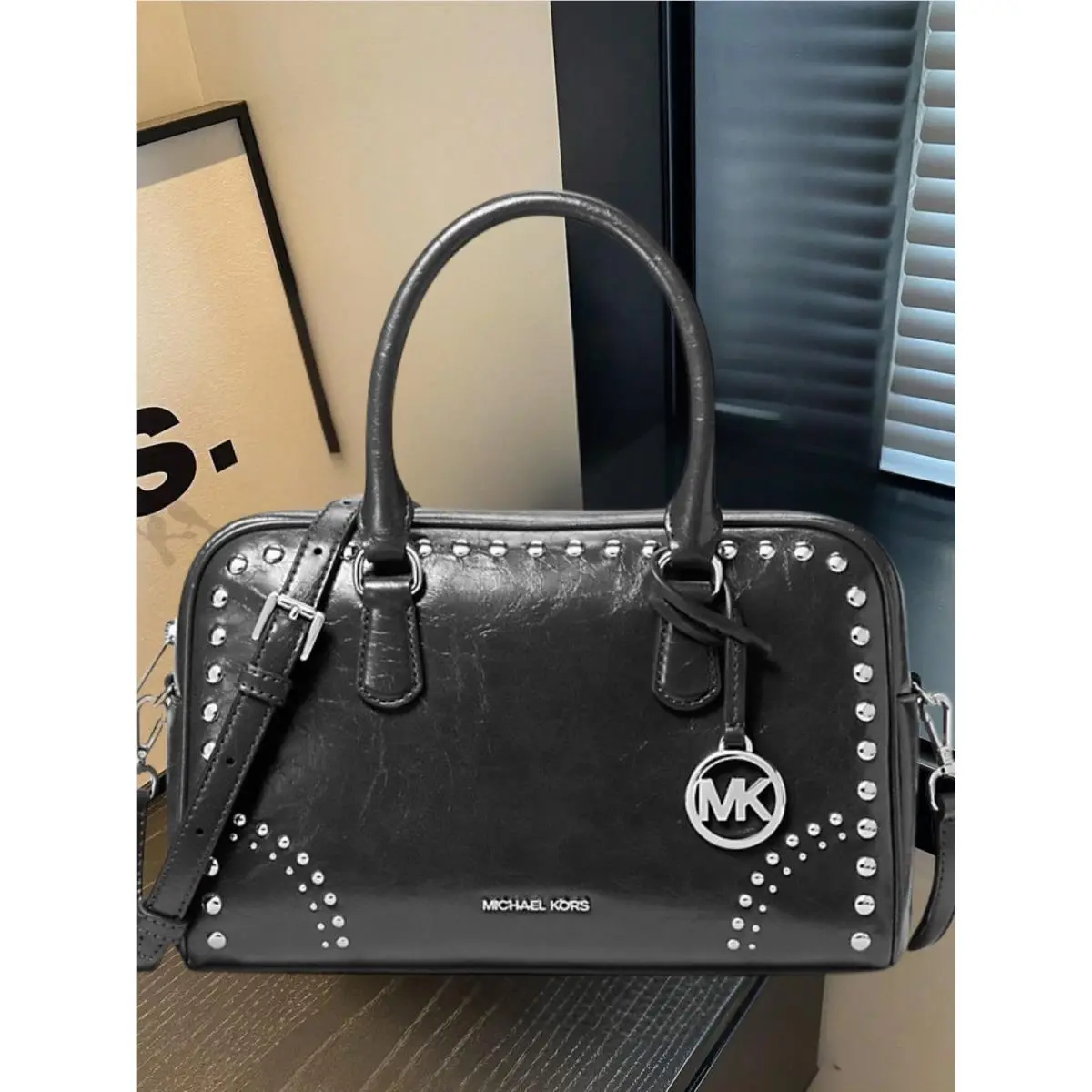 Michael Kors Thompson Women Medium Distressed Studded Satchel Purse Bag Black