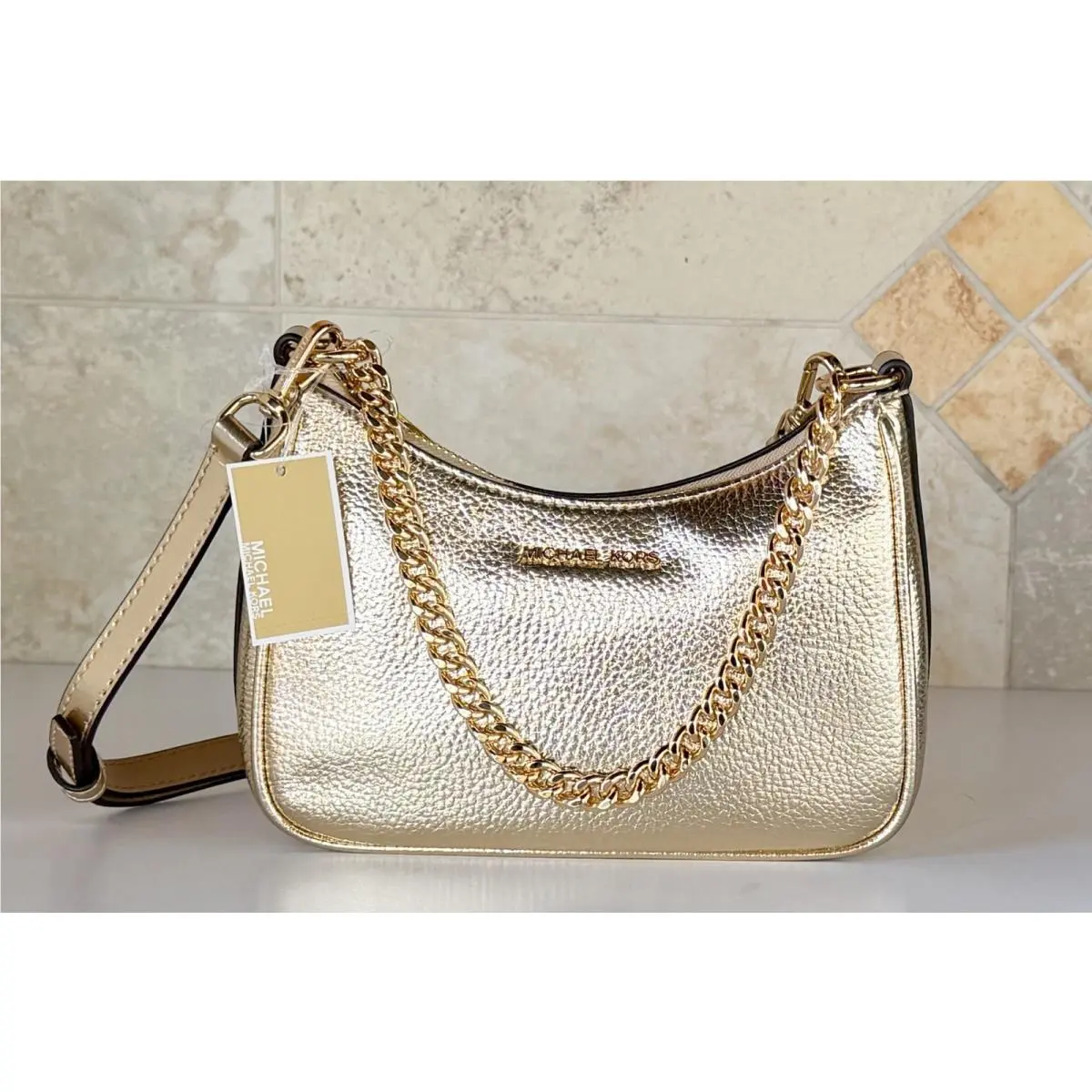 Michael Kors Jet Set Travel S Shoulder Chain Convertible Crossbody Bag Pale Gold