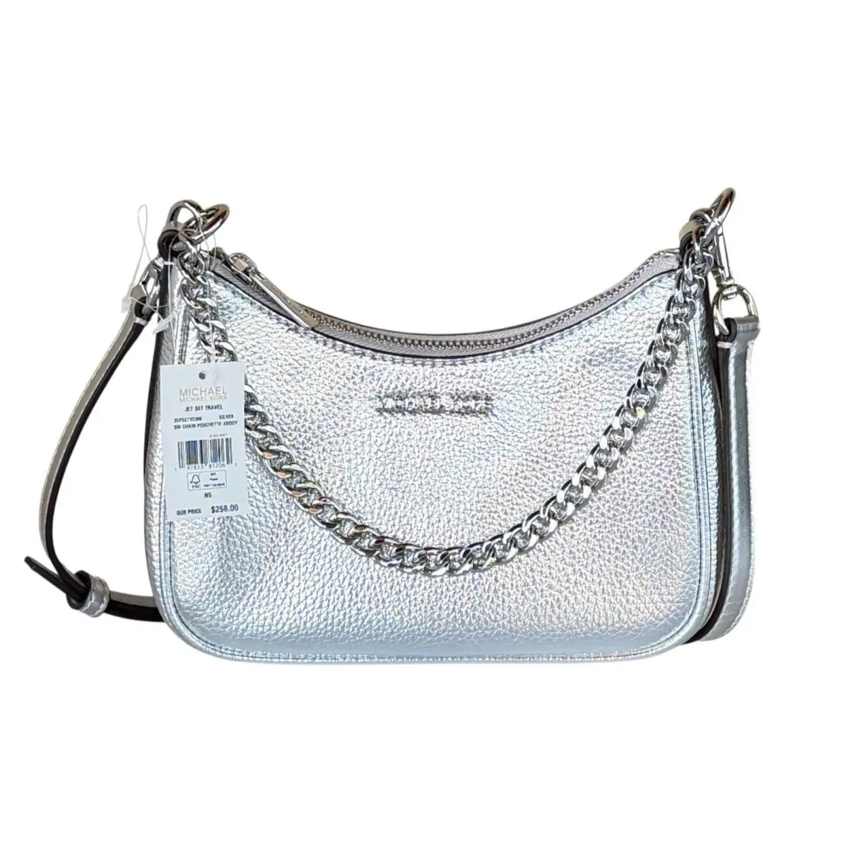 Michael Kors Jet Set Travel SM Shoulder Chain Convertible Crossbody Bag Silver