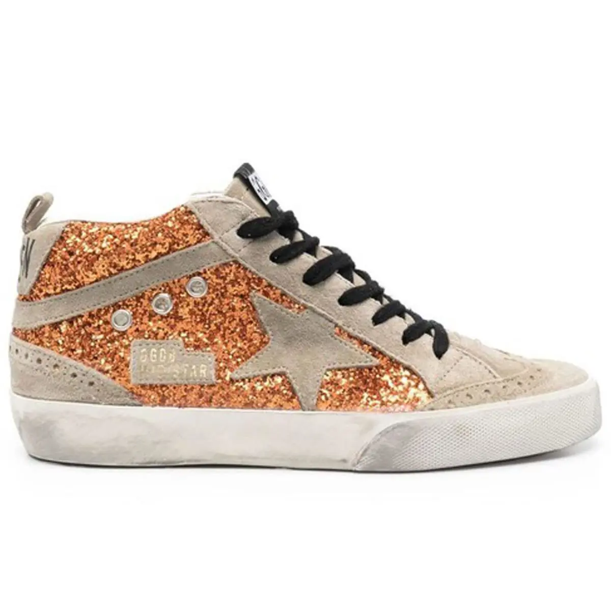 Golden Goose Mid Star Glitter Upper Suede Star Spur Womens Distressed Sneakers