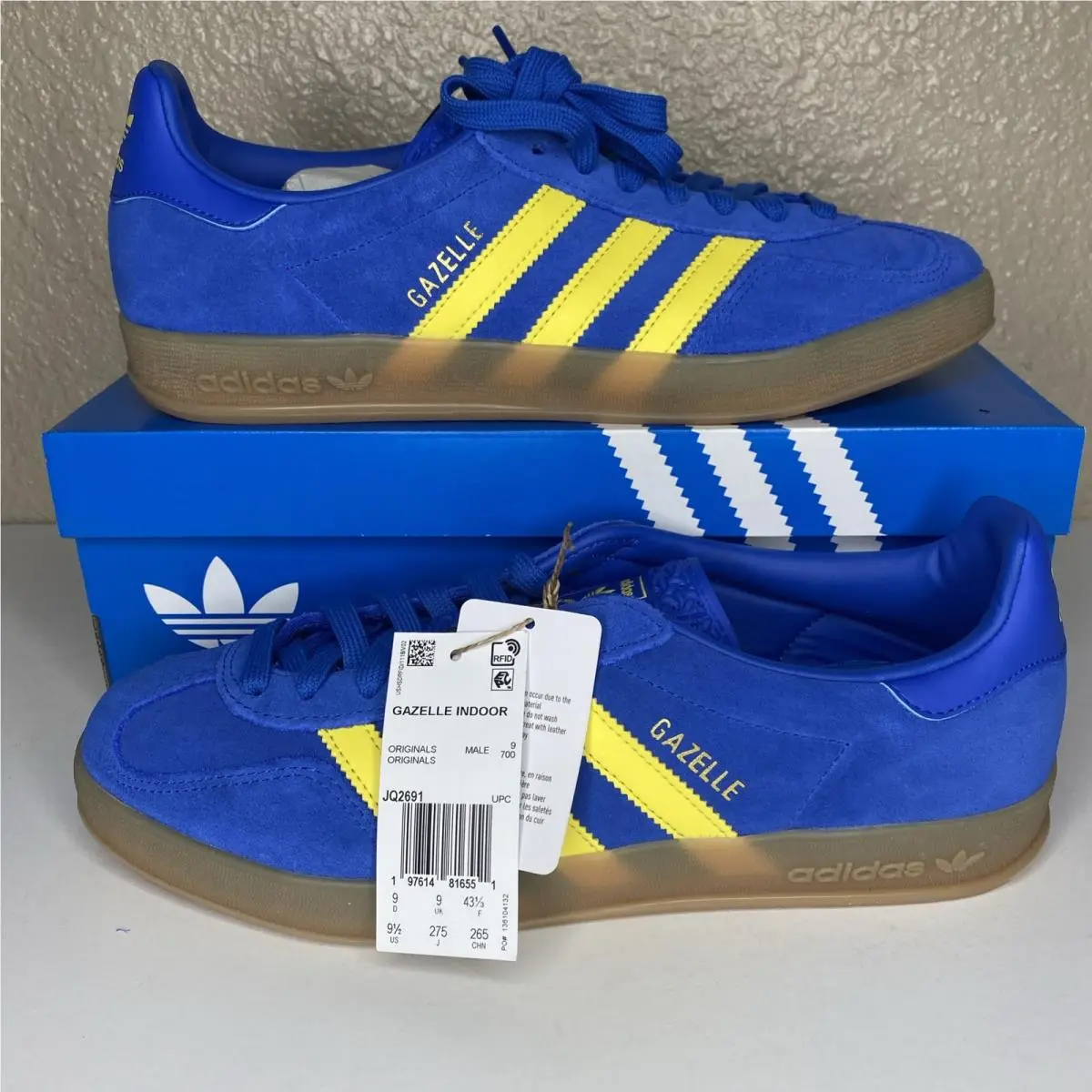 Adidas Gazelle Indoor Men 9.5 JQ2691 Originals Blue Yellow Gum Bottom Box