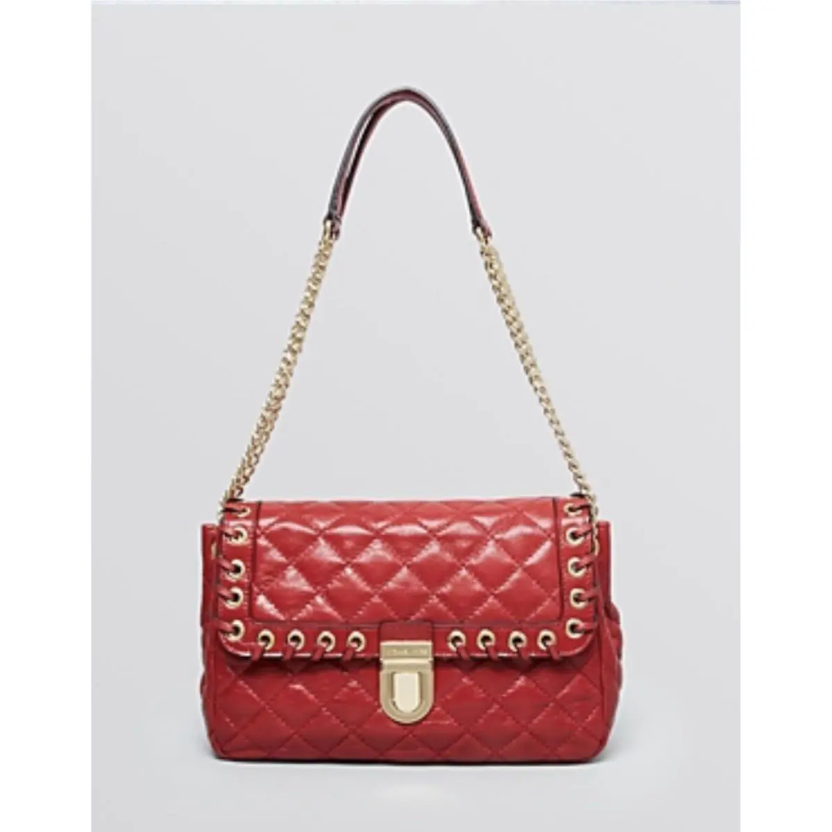 Michael Kors Hippie Grommet Sloan Large Quilted Shoulder Flap Handbag Red Gold