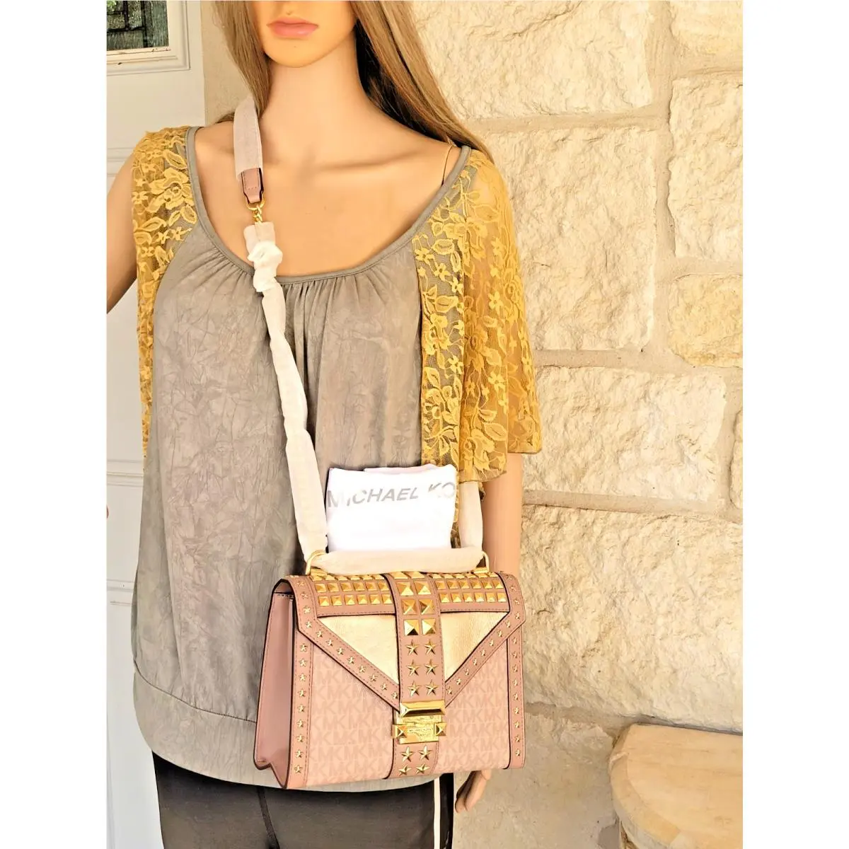 Michael Kors Whitney Ballet Pink Leather Star Studded Logo Metallic Unique/rare