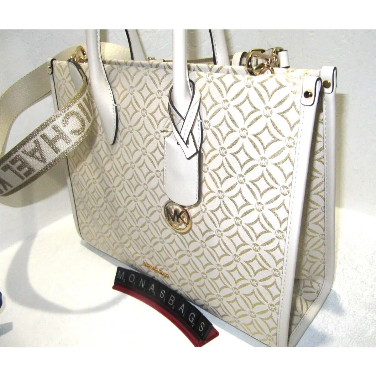 Michael Kors Mirella Med EW Metallic Logo Jacquard Tote Bag LT Cream Gold