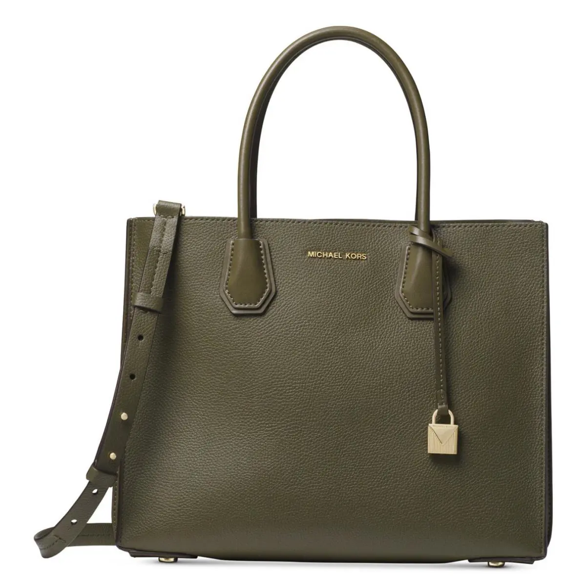 Michael Kors Mercer Large Pebbled Leather Accordion Tote Bag Gold Hardwar Olive