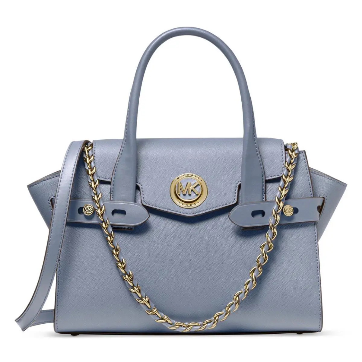 Michael Kors Carmen Flap Belted Pale Blue Leather Satchel Size Medium Gold - Handle/Strap: Blue, Hardware: Gold, Exterior: Blue