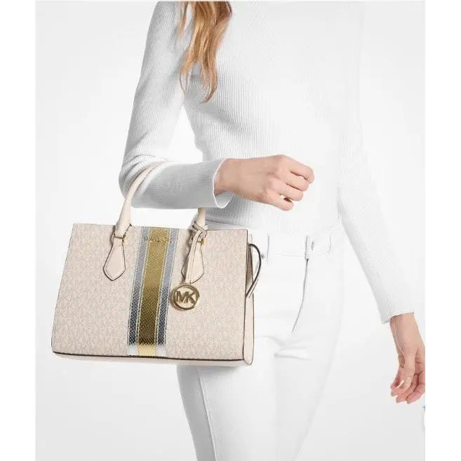 Michael Kors Shelia Med Signature Metallic Pale Gold Satchel Bag Purse