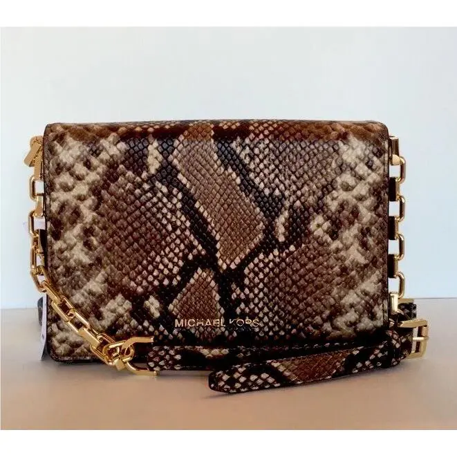 Michael Kors Brinkley Embossed Leather Cross Body Handbag MD Brown Gold