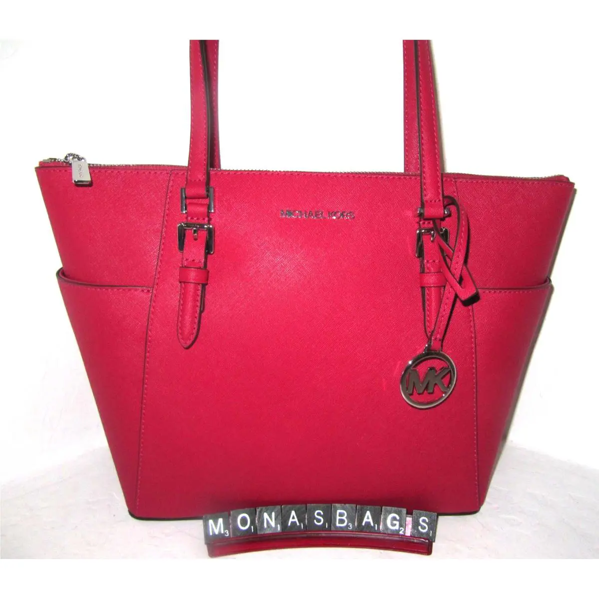Michael Kors Top Zip Charlotte Large Tote Bag Dark Raspberry Leather NWT$448