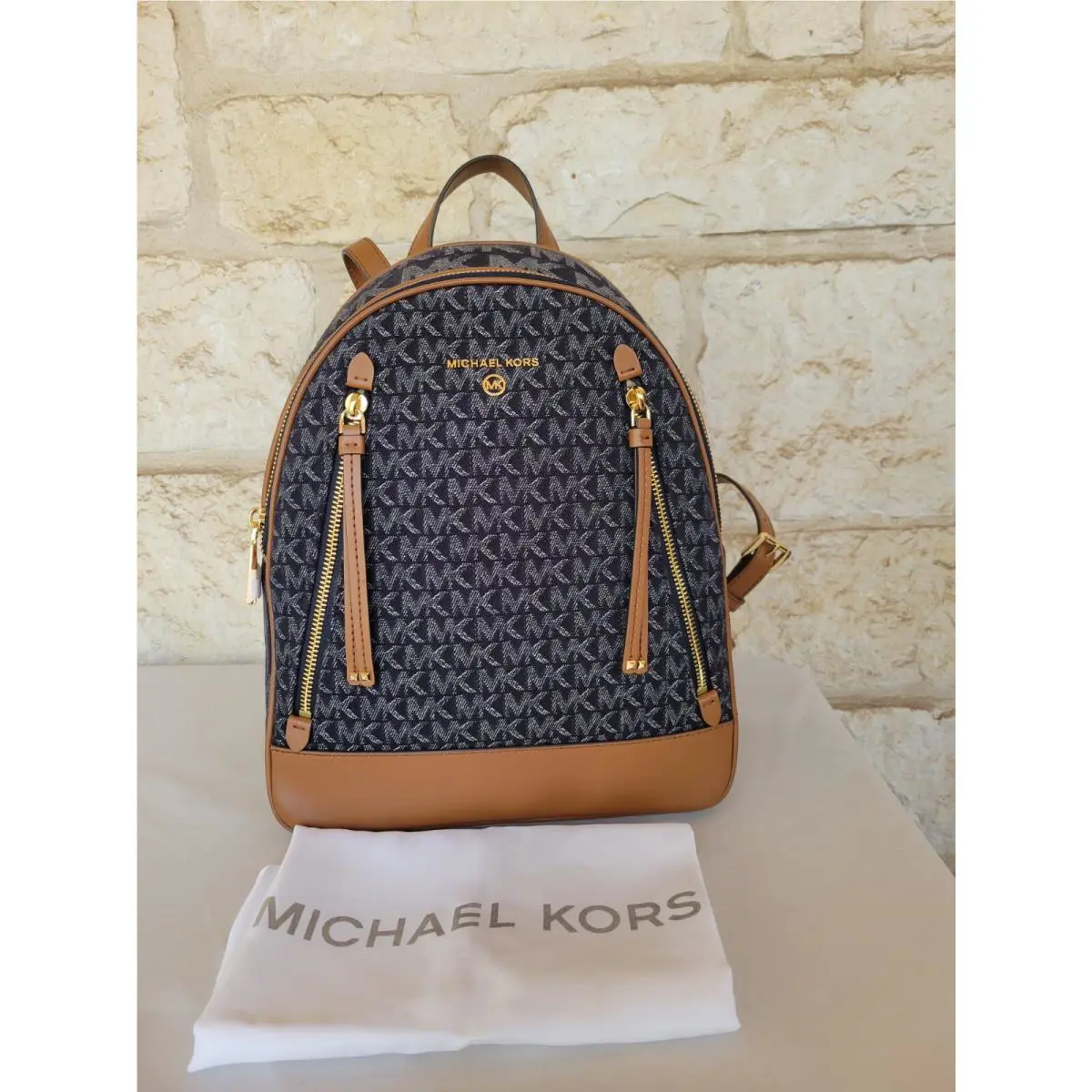 Michael Kors Brooklyn Backpack Medium Denim Signature Monogram Dust Bag