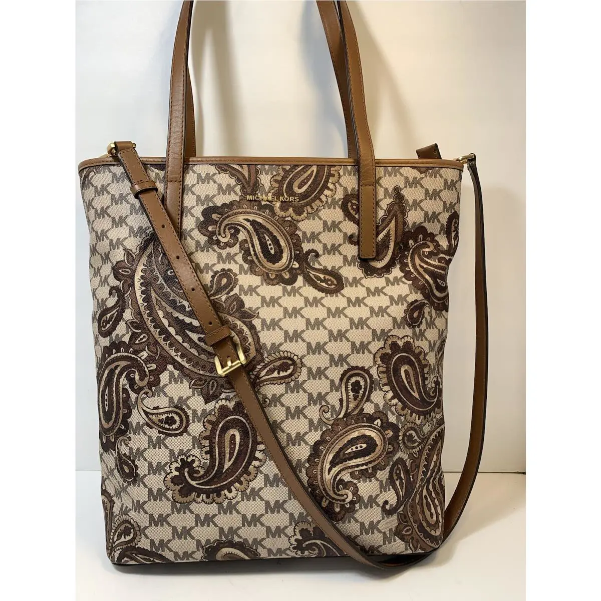 Michael Kors Studio Paisley Emry Large Top Zip Tote in Luggage Brown