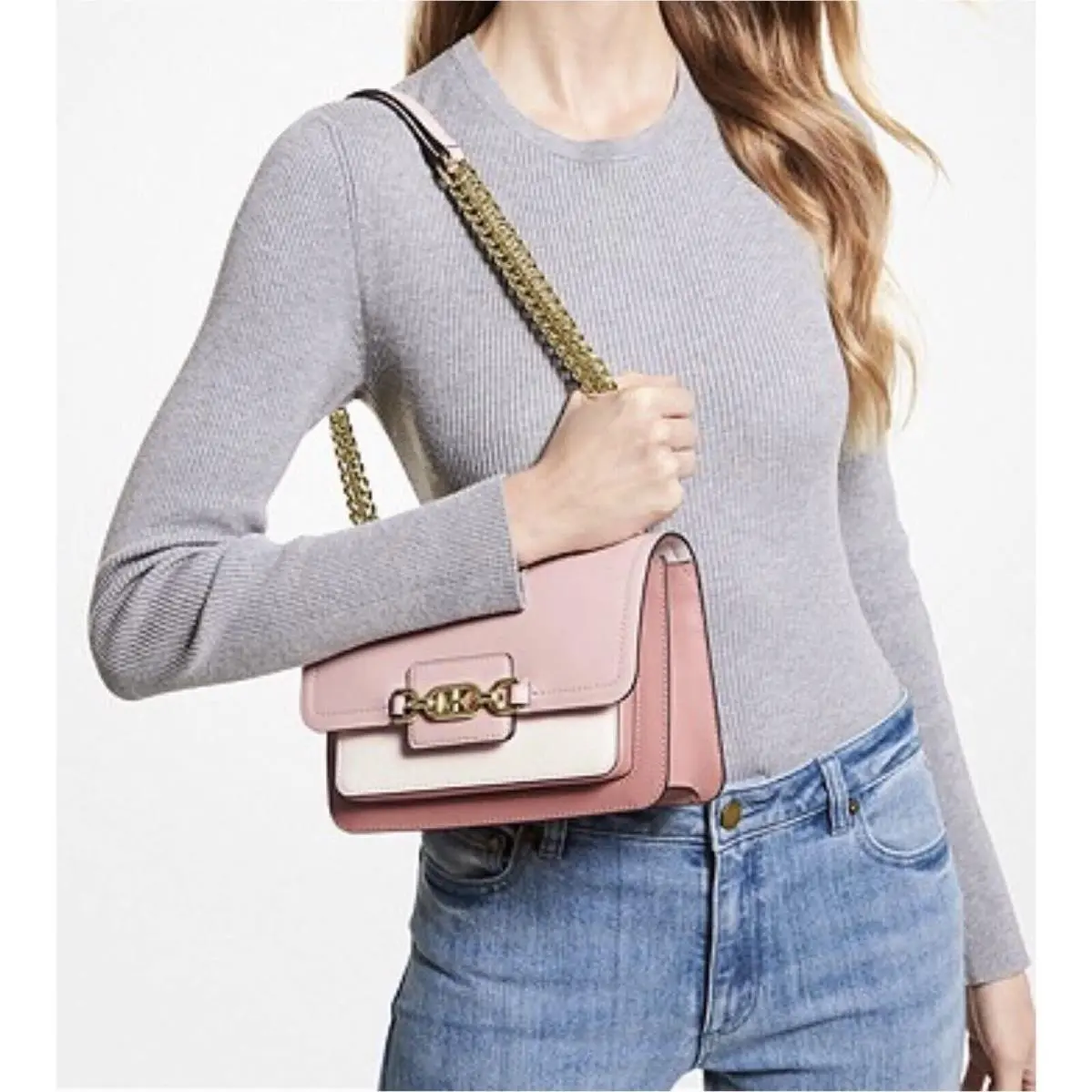 Michael Kors Heather Color-block Leather Chain X-body Smoke Rose/multi + Dustbag