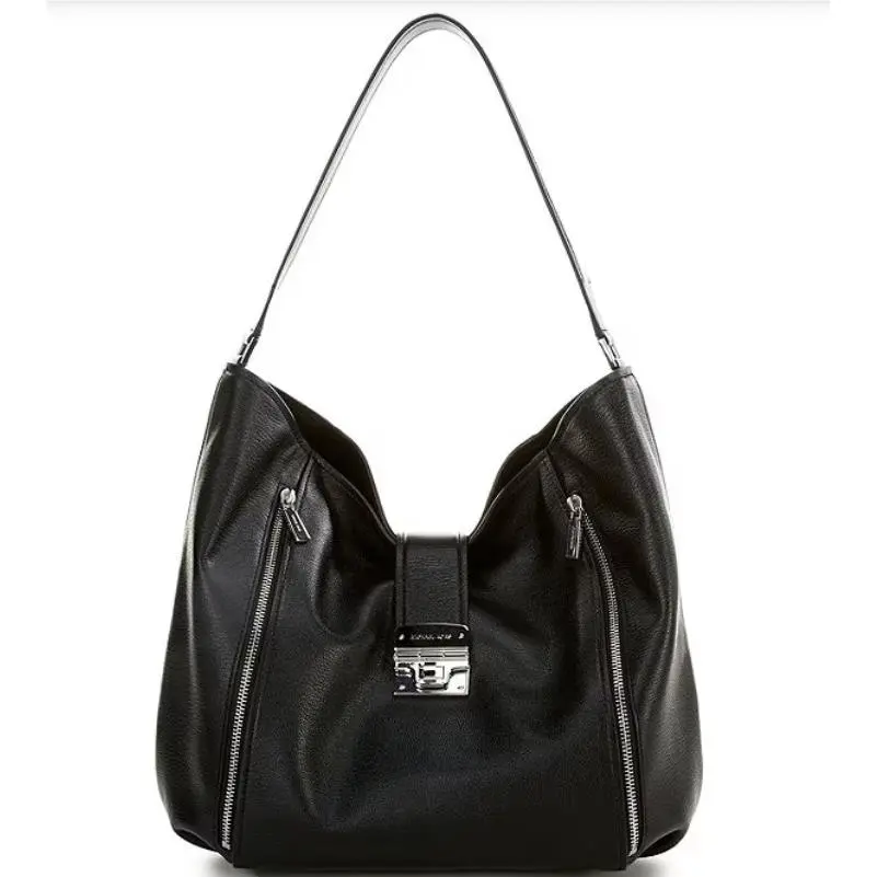 Auth. Michael Kors Addie LG Hobo Leather Shoulder Front Zipper Pockets Black