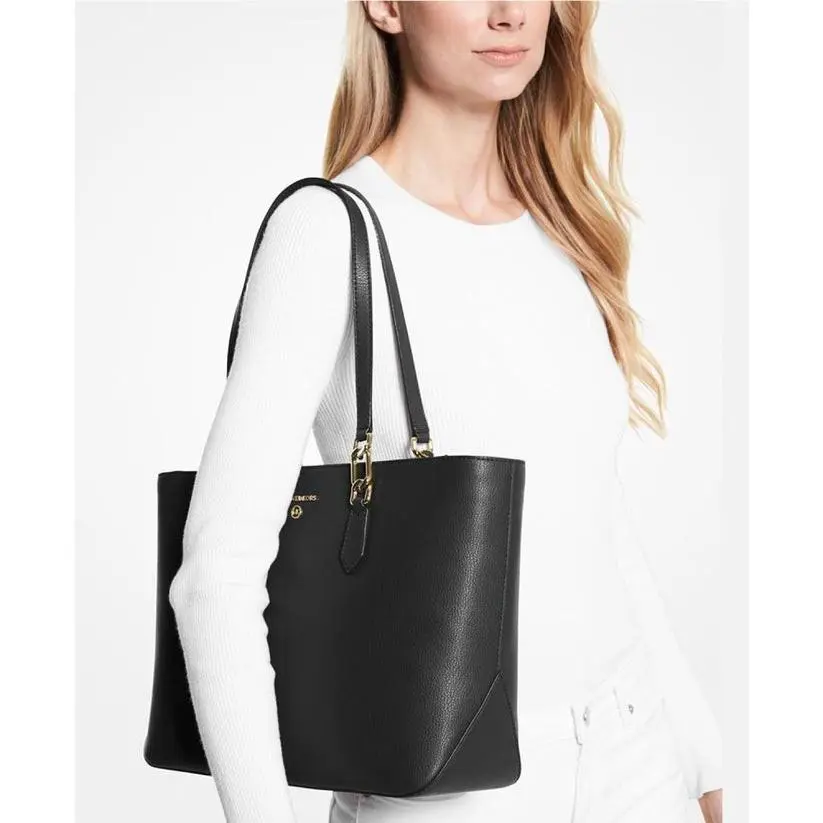Michael Kors Laney Black Leather Classic Sophisticated Medium Top Zip Tote Bag