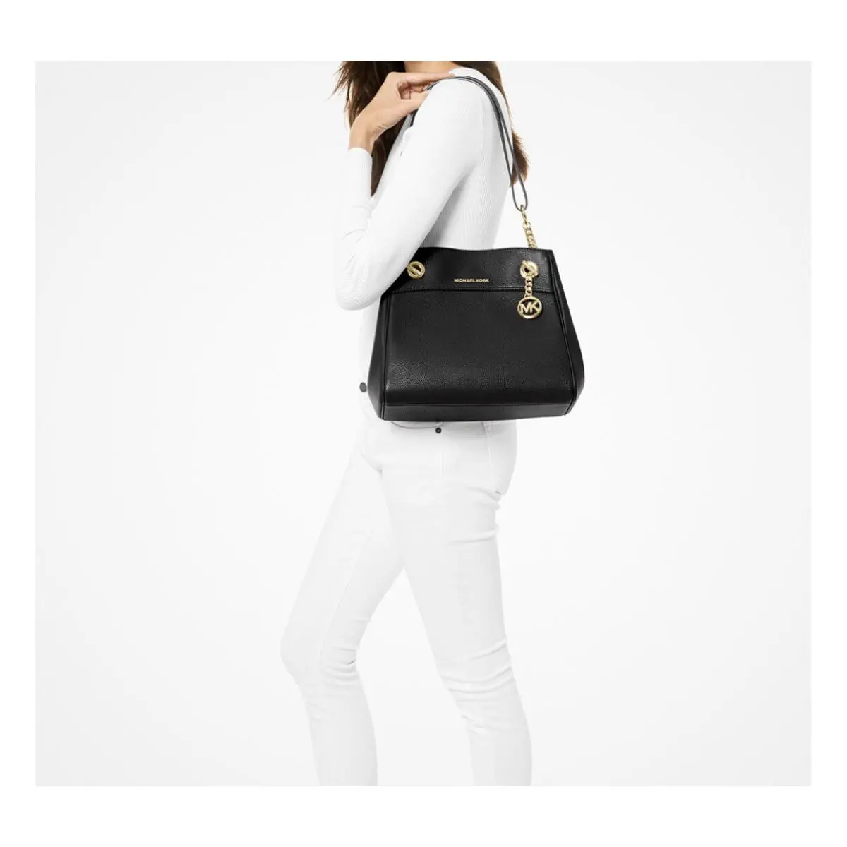 Michael Kors Jet Set Medium Shoulder Bag Black Leather Gold Hardware