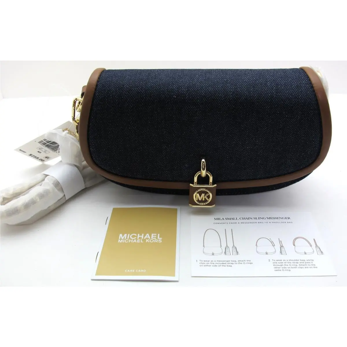 Michael Kors Mila Denim/leather Small EW Chain Sling Messenger Dark Denim