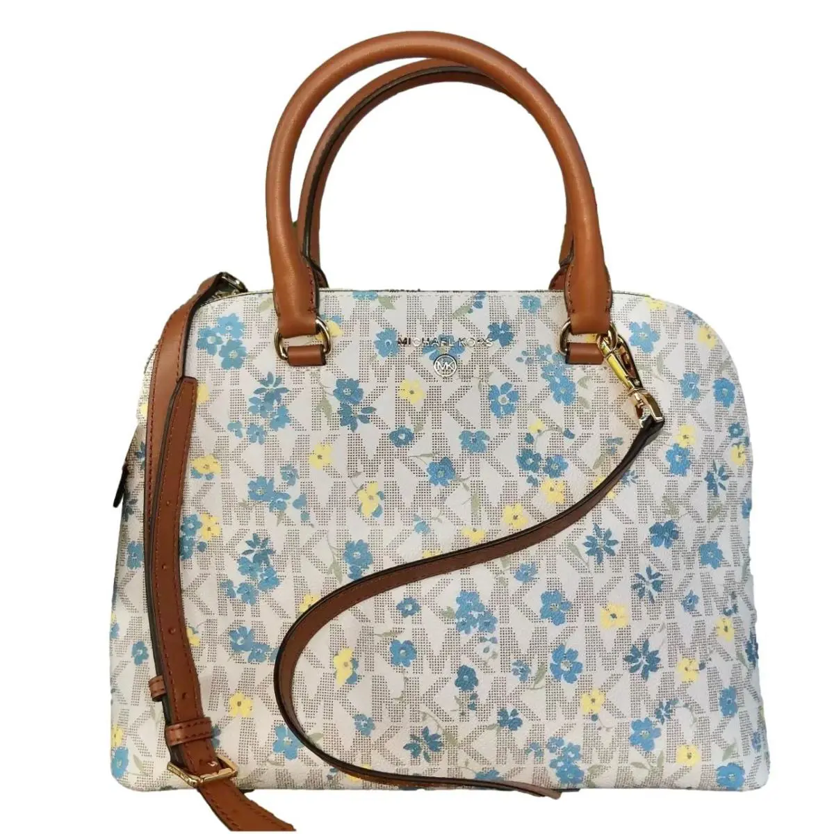 Michael Kors Vanilla Luggage Dome Signature Logo Floral Leather Trim Satchel Bag