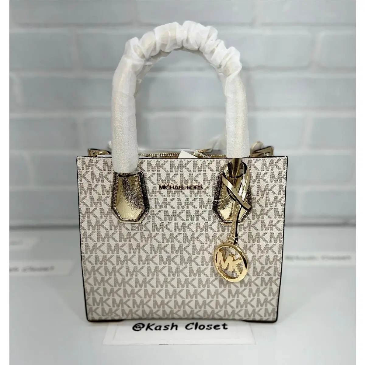 Michael Kors Mercer Medium Signature Logo Metallic Crossbody Bag Pale Gold