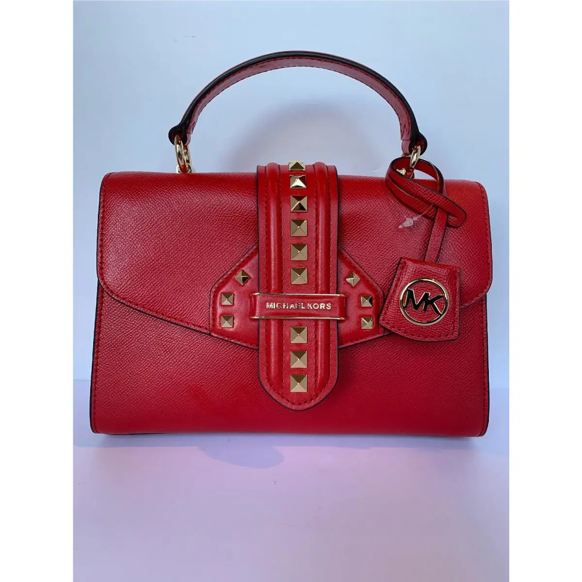 Michael Kors Bleecker Studded Small Top-handle Handbag Red Leather Gold Hardware