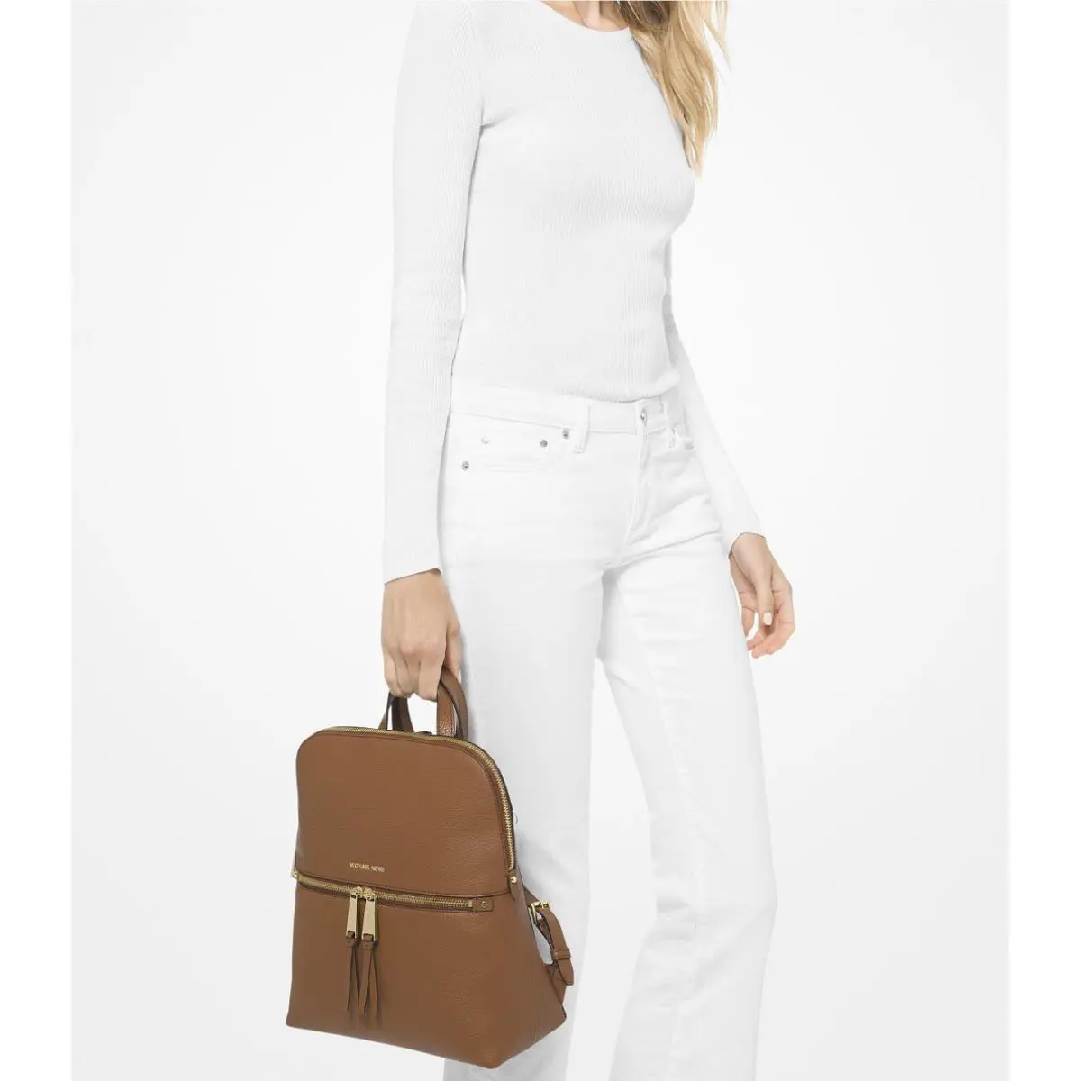 Michael Kors Raven Leather Backpack Luggage ￼ Gold Tone Hardware Medium Leather - Hardware: Gold, Lining: Beige, Handle/Strap: Brown