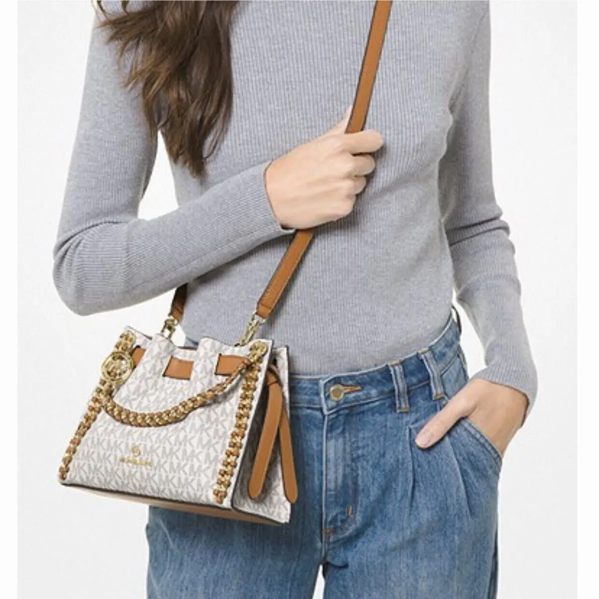 Michael Kors Mina Small Crossbody Bag Logo Vanilla/acorn Chain+woven Leather