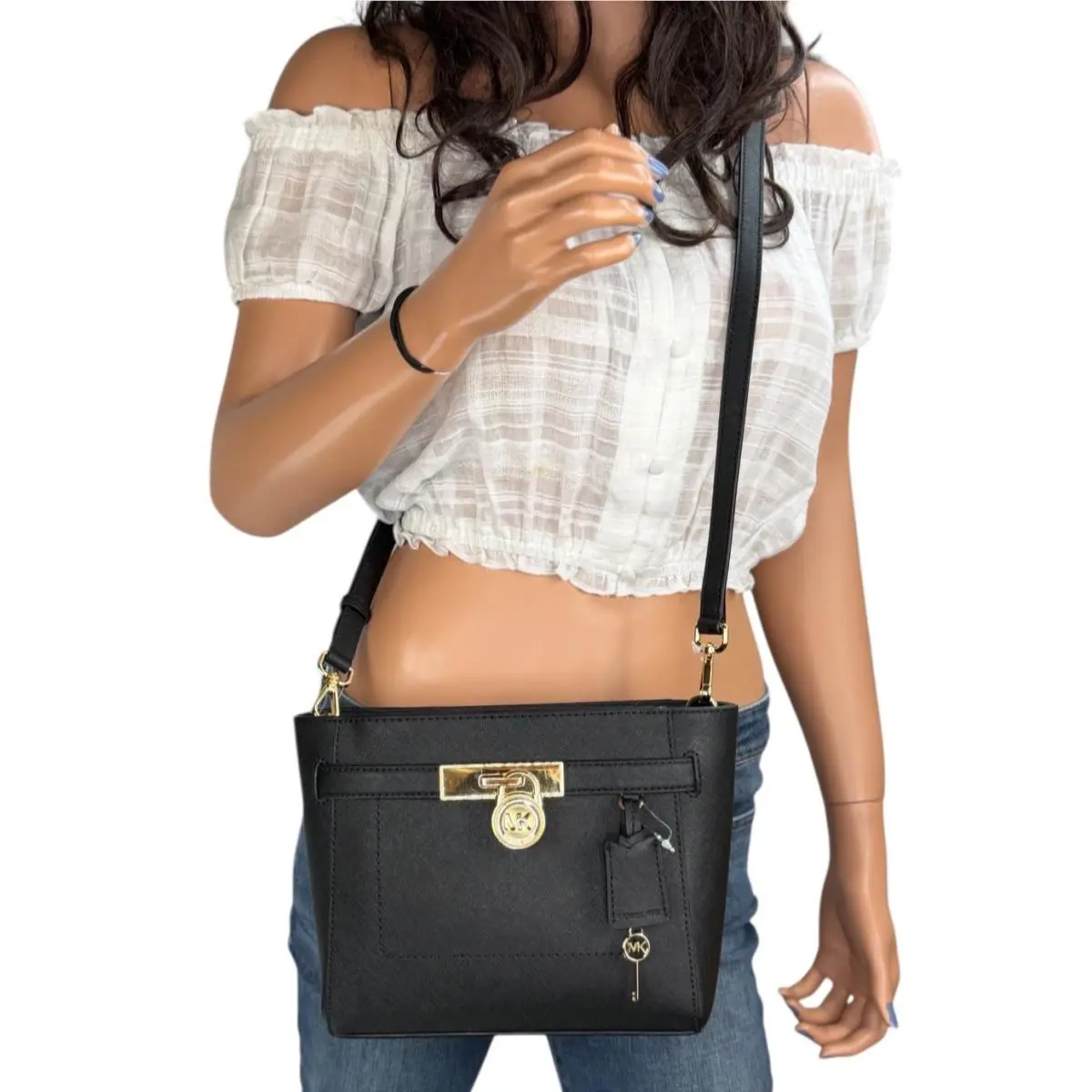 Michael Kors Hamilton Top Zip Shoulder Crossbody Leather Bag Black