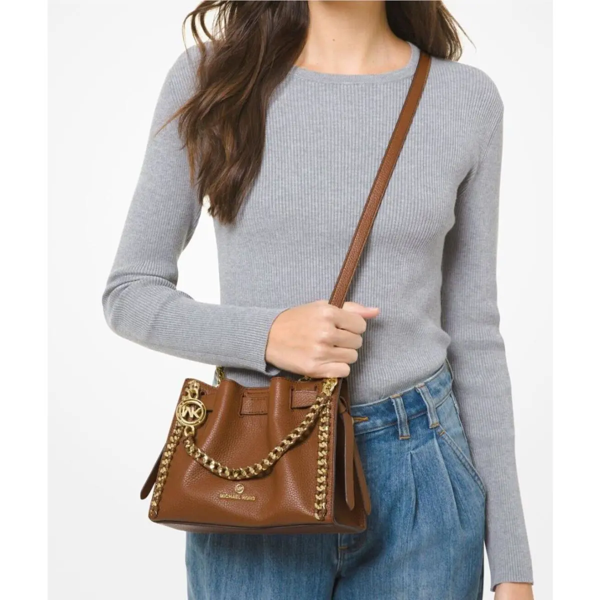 Michael Kors Mina Small Leather Crossbody Bag Brown/luggage Chain+woven Logo
