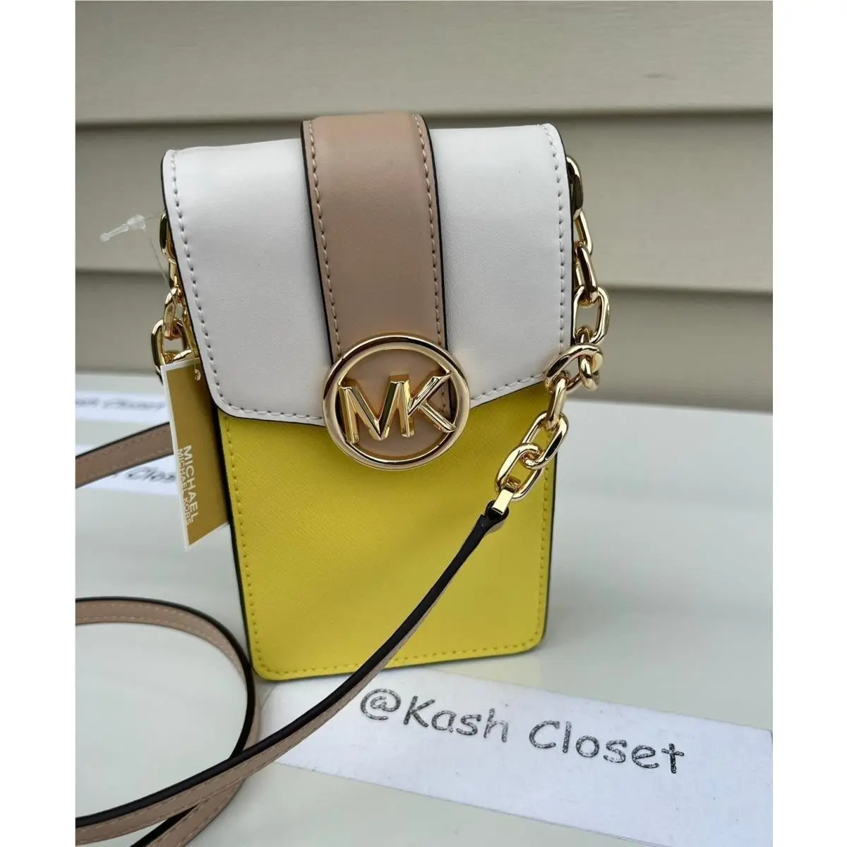 Michael Kors Crossbody Bag Carmen Small Phone Color Block Leather Sunshine Multi