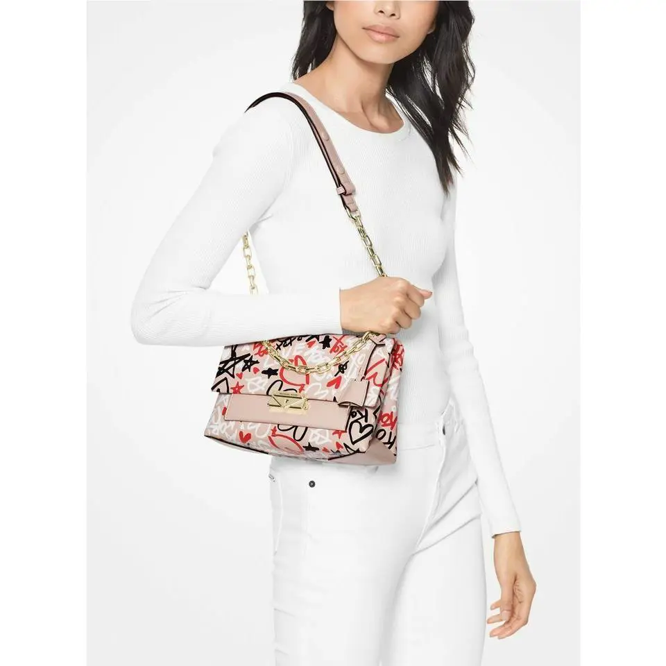 Michael Kors Cece Medium Pink Leather Shoulder Bag Hearts Love Chian